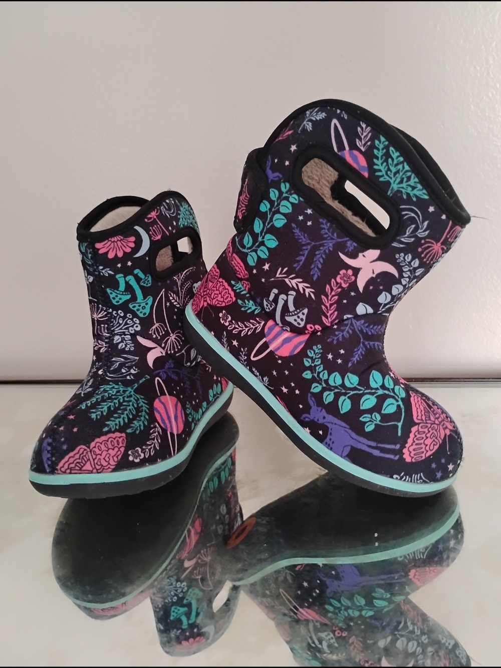 Kids Waterproof Pull-On Rain Boots in Black with Pink & Teal Prints